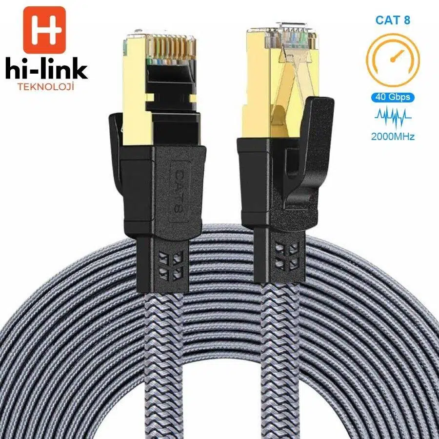 hi-link 20Metre Flat Örgülü Cat8 Ethernet Kablo - Yüksek Hızlı 40Gbps 2000MHZ